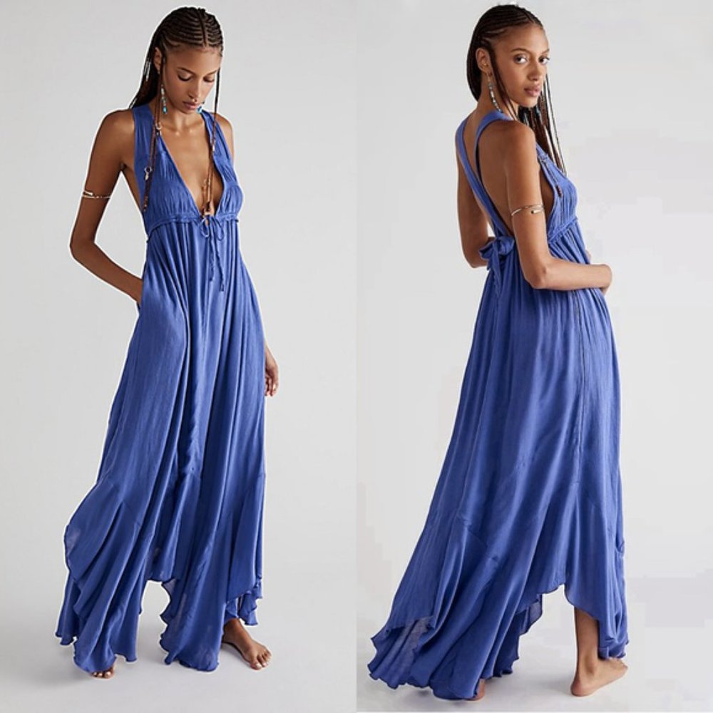 Free People blue plunge v-neck Showstopper asymmetric hem flowy maxi dress